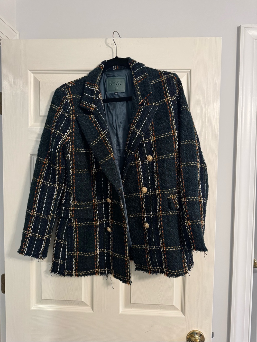 Blank NYC Black Checked Bouclé Double-Breasted Blazer